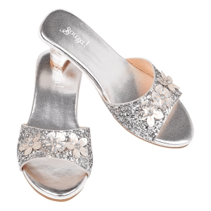 Zilveren slippers Mariona van Souza! met hakjes, glitters en glanzende bloemen op de bandjes