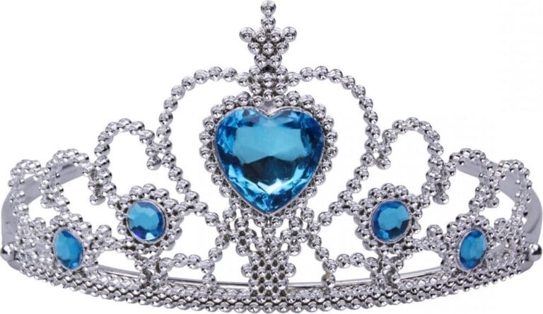 Zilverkleurige prinsessenkroon van Great Pretenders met blauwe hartvormige steen en ronde blauwe versieringen