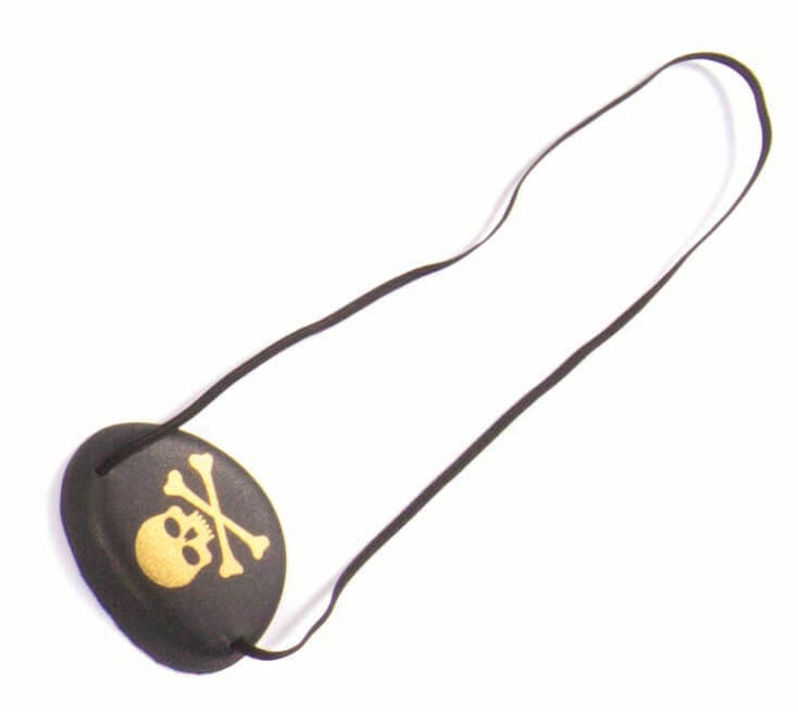 Zwart piratenooglapje met gouden doodshoofd en gekruiste botten aan een elastisch koord.