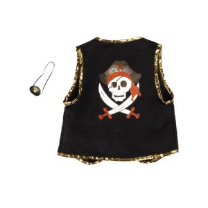 Zwart piratenvest van Great Pretenders met gouden rand en doodshoofdprint, naast een los ooglapje.