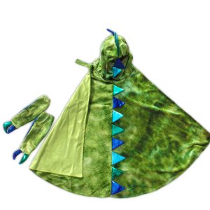 Groene Great Pretenders drakencape met blauwe spikes en bijpassende drakenhandschoenen, plat gelegd.