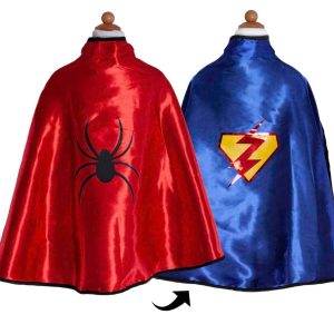 Omkeerbare Spiderman cape en Superman cape van Great Pretenders, met een rode spin en blauw superheldenembleem