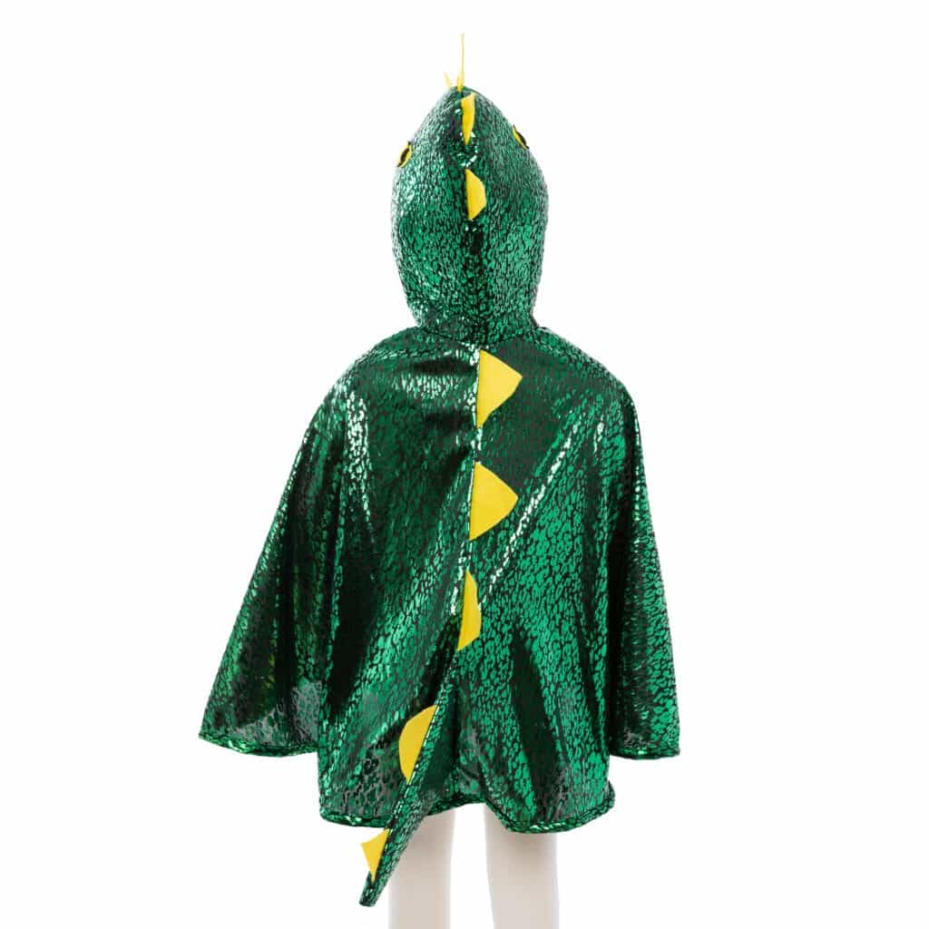 Groene verkleedcape van Great Pretenders als drakenkostuum, met capuchon, gele stekels en een staart