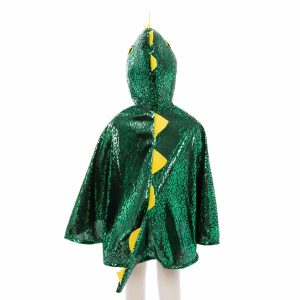 Groene verkleedcape van Great Pretenders als drakenkostuum, met capuchon, gele stekels en een staart