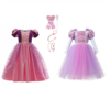 Voordeelpakket met een roze en lila rapunzel prinsessenjurk, handschoenen, toverstaf en sieradenset