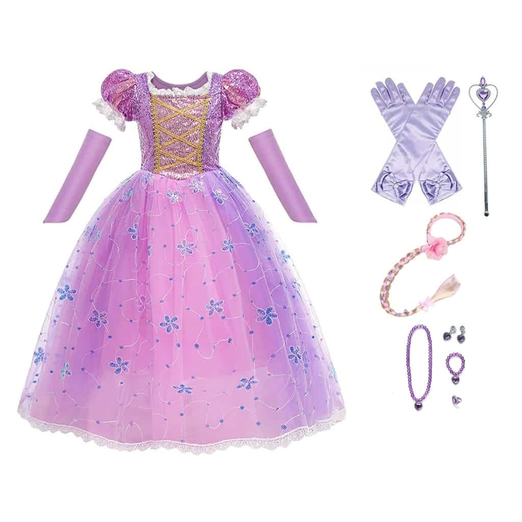 Roze en paarse Rapunzel verkleedjurk met tule rok, lange handschoenen, toverstaf, vlecht en bijpassende sieraden