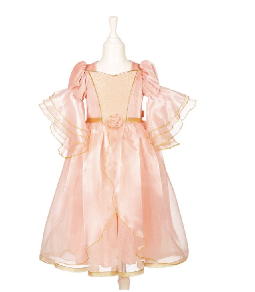 Roze Marie-Laure feestjurk met goudkleurige bies, rozet in de taille en wijde pofmouwen op een paspop