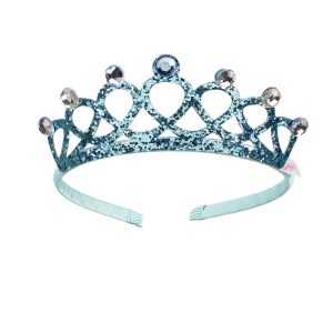 Blauwe Souza kroon tiara Emy met glitters, sierlijke uitsparingen en ronde diamantjes op een haarband