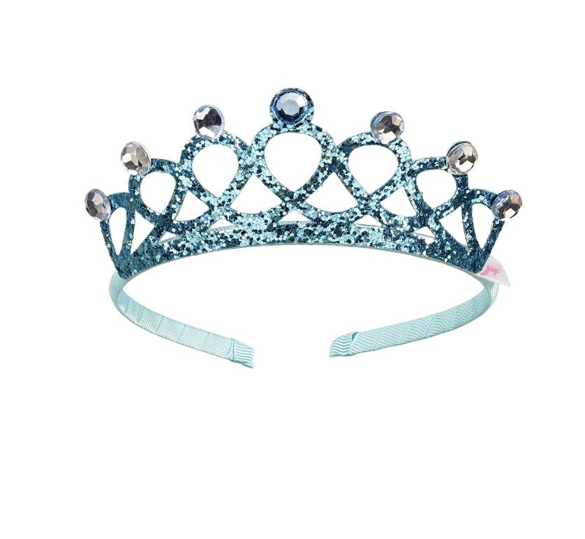 Blauwe Souza kroon tiara Emy met glitters, sierlijke uitsparingen en ronde diamantjes op een haarband