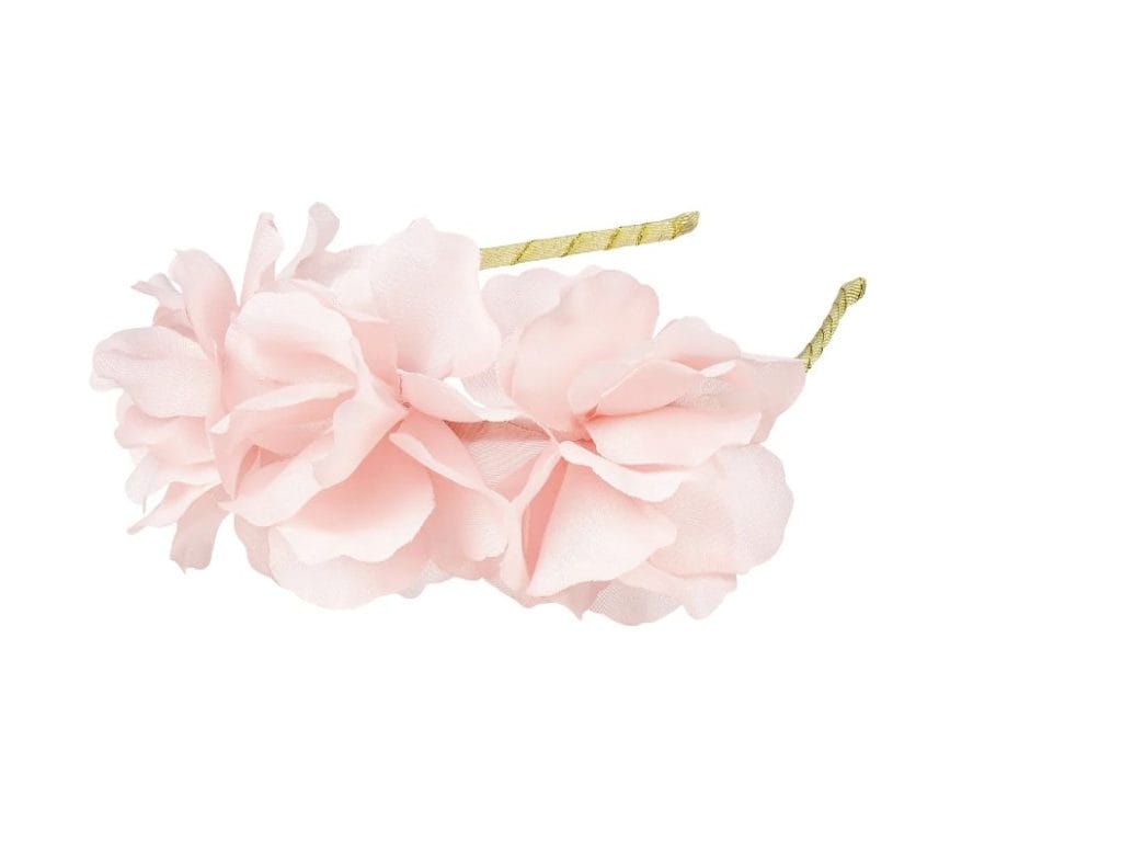Roze Souza! diadeem met bloemen en een goudkleurig, omwikkeld bandje