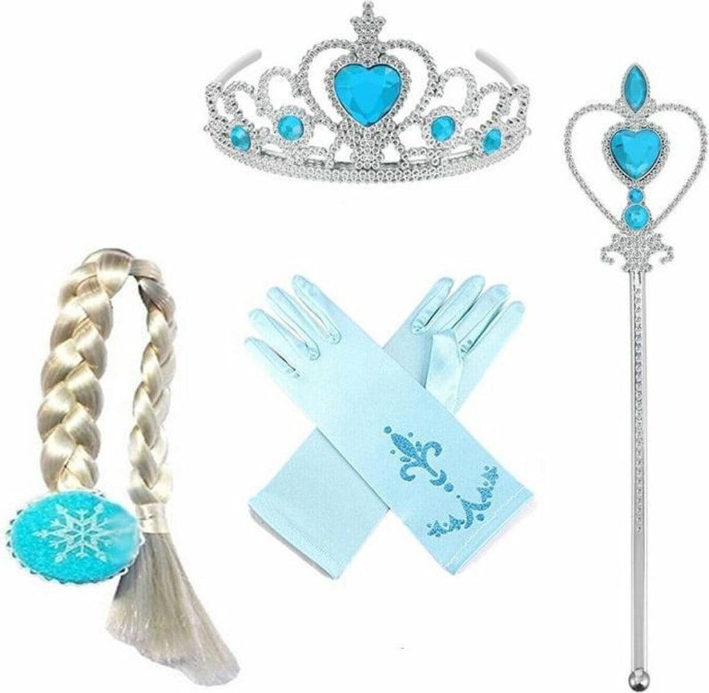 Elsa kroon met blauwe hartjes, bijpassende toverstaf, blonde vlecht en lichtblauwe handschoenen als accessoireset