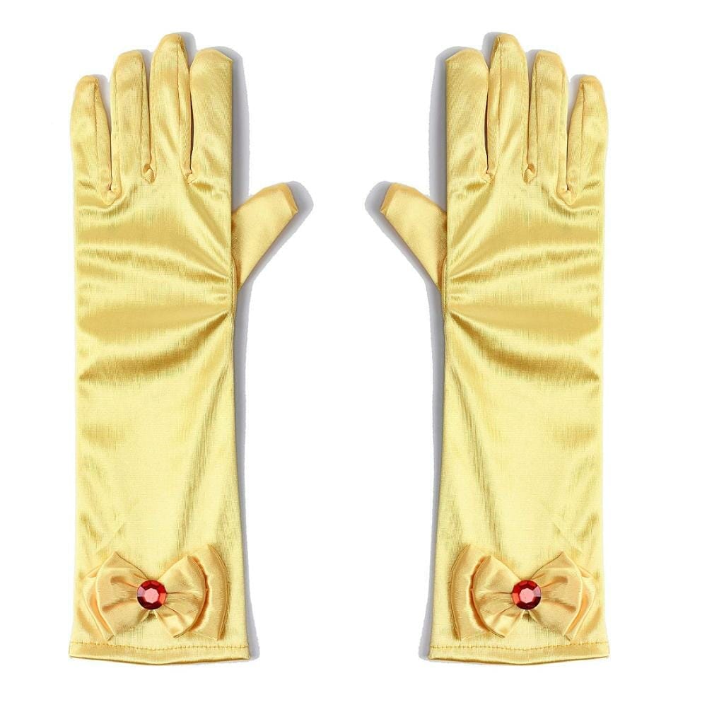 Lange gele satijnen handschoenen van het Belle-accessoireset, met een strik en rode siersteen aan de pols.