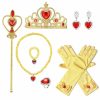 Accessoires bij de Deluxe Sneeuwwitje jurk met gouden kroon, toverstaf, sieraden en lange gele satijnen handschoenen