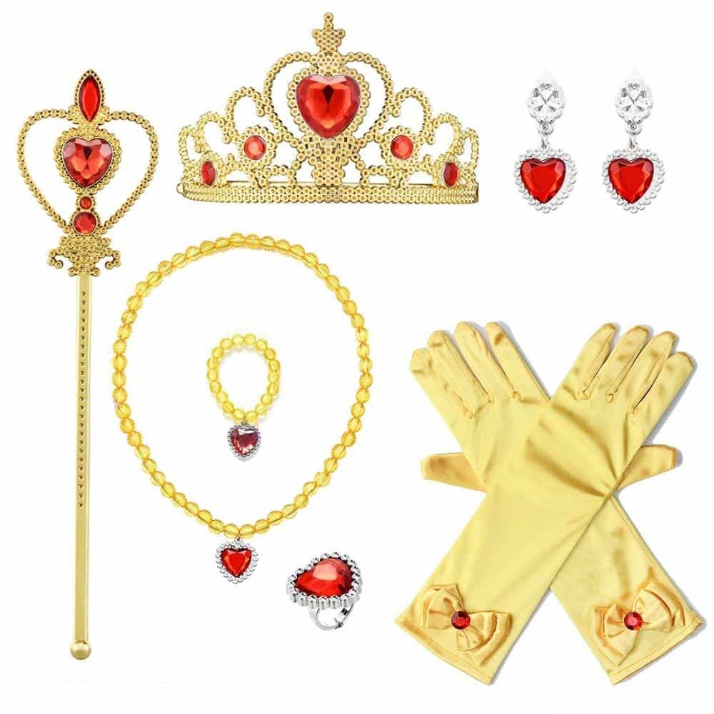 Accessoires bij de Deluxe Sneeuwwitje jurk met gouden kroon, toverstaf, sieraden en lange gele satijnen handschoenen
