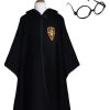 Zwarte tovenaarscape van Harry Potter met ronde bril, schildlogo en sluiting, los gepresenteerd op een paspop.