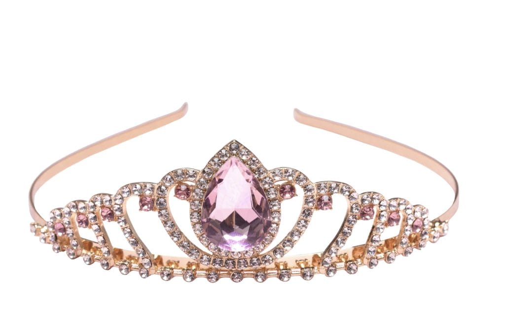 Roze tiara kroon van Great Pretenders met een grote roze steen en glinsterende strass-steentjes
