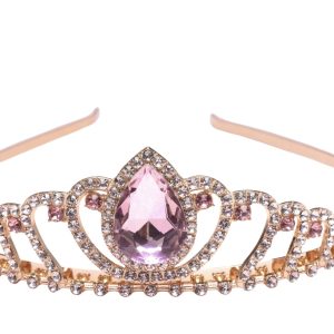 Roze tiara kroon van Great Pretenders met een grote roze steen en glinsterende strass-steentjes