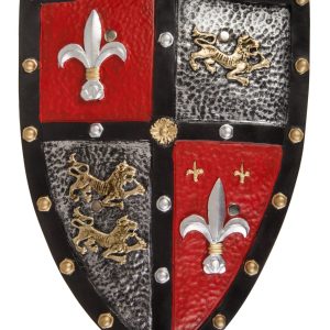 Rood en zwart ridderschild met gouden leeuwen, fleur-de-lis en metalen-look sierranden van Great Pretenders