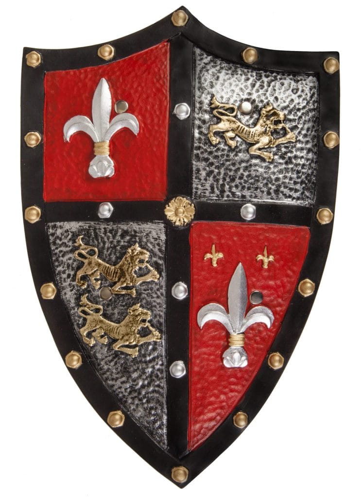 Rood en zwart ridderschild met gouden leeuwen, fleur-de-lis en metalen-look sierranden van Great Pretenders