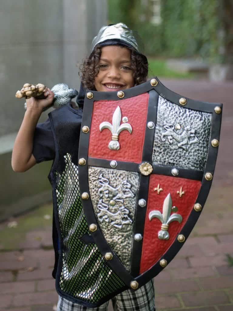 Jongen draagt een rood en zilverkleurig ridder schild met leeuwen, fleur-de-lis en goudkleurige sierranden.