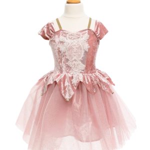 Roze ballerina jurk op een paspop, met fluwelen lijfje, kanten bloemmotief en rok van glinsterende tule