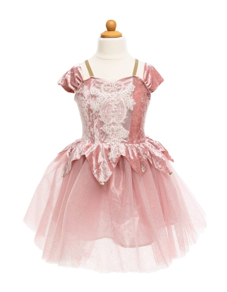 Roze ballerina jurk op een paspop, met fluwelen lijfje, kanten bloemmotief en rok van glinsterende tule