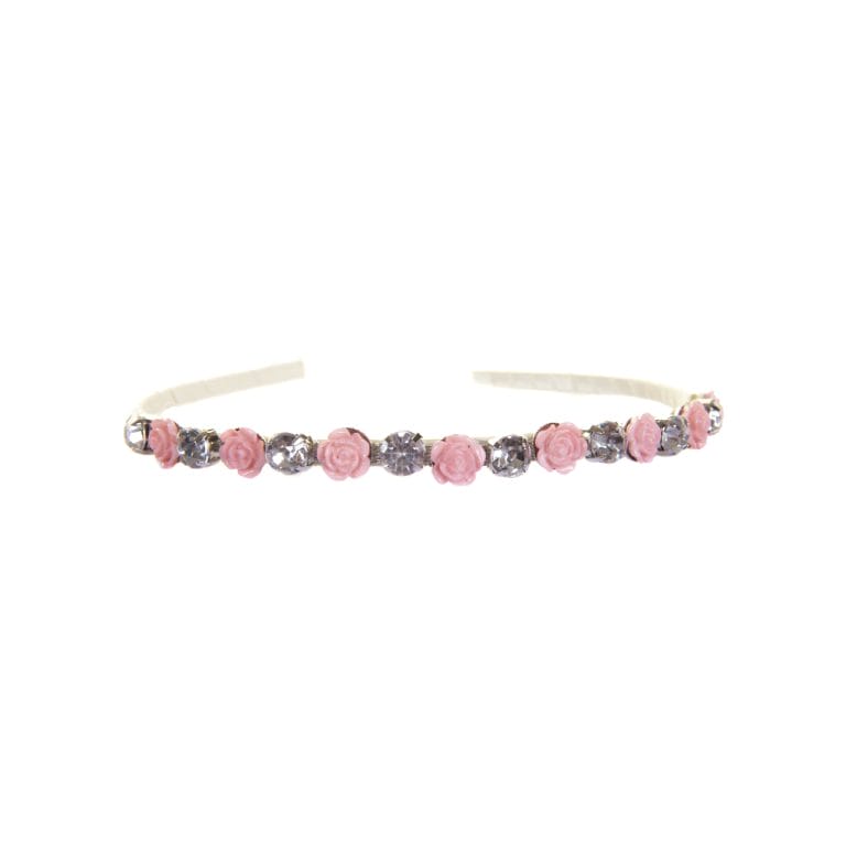 Roze glitter haarband van Great Pretenders met roze roosjes en fonkelende diamanten