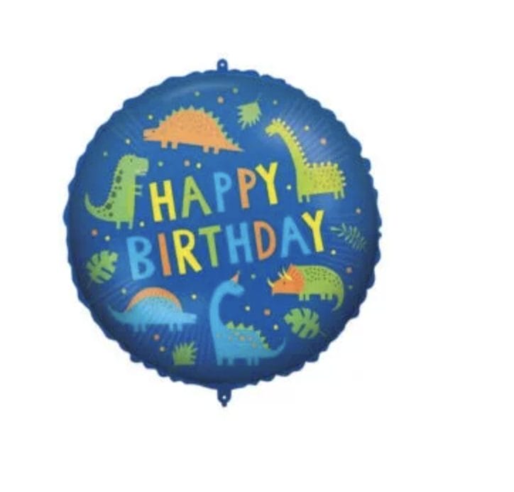 Blauwe dinosaurus folie ballon van Javoli met kleurrijke dinosaurussen en ‘HAPPY BIRTHDAY’ voor een dino feestje.