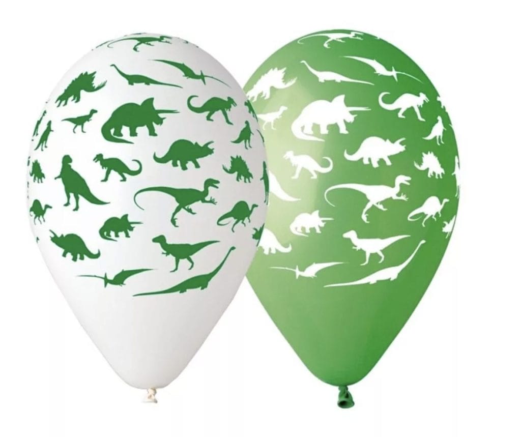 Dinosaurus ballonnen in wit en groen met opdruk van verschillende dinosaurussen