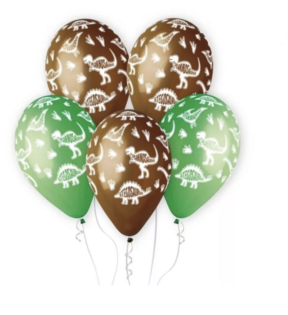 Vijf bruine en groene dinosaurus ballonnen van Javoli met witte dinosaurusprints en gekrulde linten