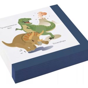 Dino servetten met groene en bruine dinosaurussen, waaronder een Tyrannosaurus Rex en Triceratops