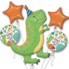 Javoli helium ballon dino in een tros van vijf folieballonnen, met twee ballonnen met ‘Happy Dino Birthday’.
