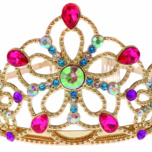Lila en gouden prinsessen kroon van Great Pretenders met fuchsia en blauwe kralen en fonkelende versieringen