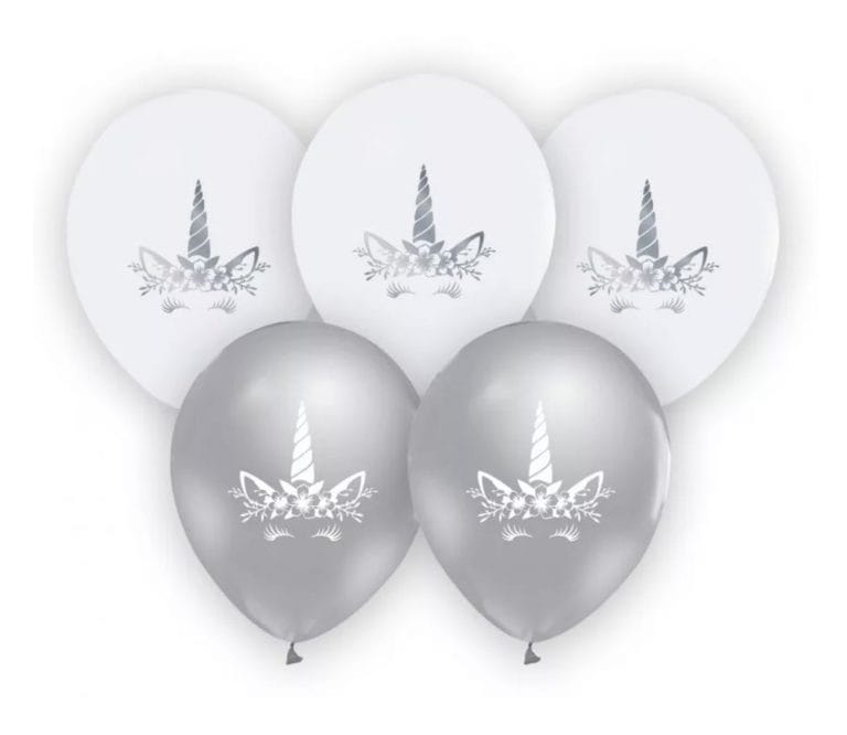 Vijf witte en zilveren eenhoorn ballonnen van Javoli met eenhoornopdruk, waaronder drie witte en twee zilveren ballonnen.