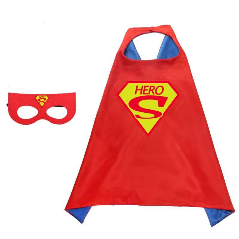 Rode Superman cape met blauw detail, geel Hero-embleem en bijpassend rood superman masker