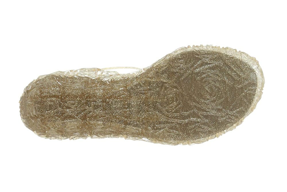 Onderzijde van een goudkleurig prinsessenschoentje van Het Betere Merk met sierlijk profiel op de zool