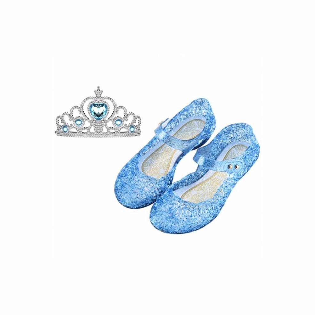 Blauwe prinsessen schoentjes met klittenband en een zilverkleurige kroon met blauwe hartversiering