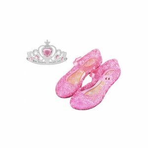 Roze prinsessenschoenen met klittenband en een zilverkleurige kroon met roze hartdetail