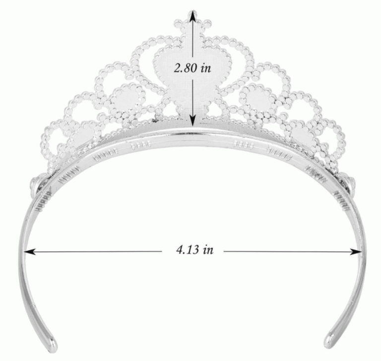 Zilverkleurige prinsessenkroon van Het Betere Merk, close-up met sierlijke bogen en aangegeven afmetingen