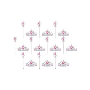 Set van 10 prinsessenkronen en toverstaven met zilverkleurige details en roze hartjes, los tegen een witte achtergrond