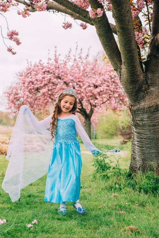 Meisje draagt een blauwe Elsa jurk van Het Betere Merk met kroon, witte mouwen en toverstaf in een bloeiende tuin.