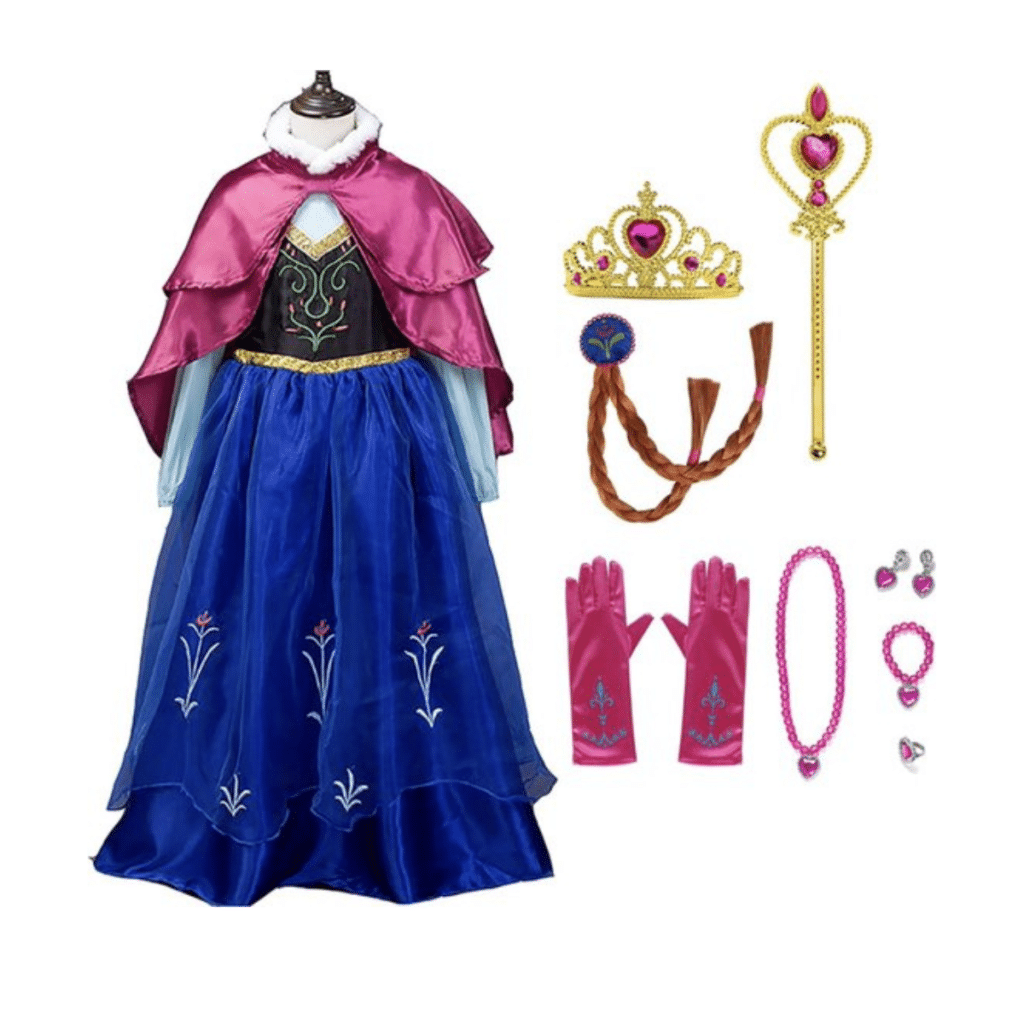 Frozen Anna outfit met blauwe jurk, roze cape en accessoires zoals tiara, vlecht, handschoenen en staf