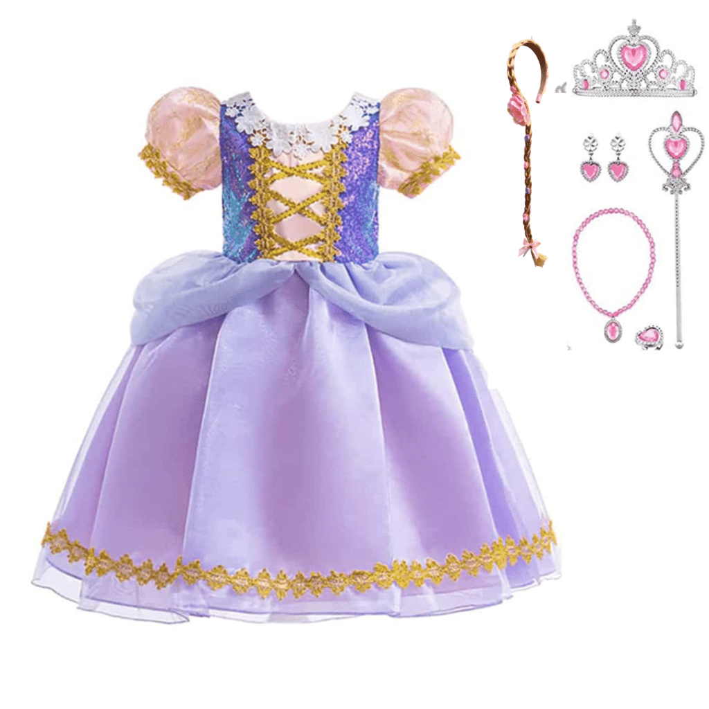 Paarse Rapunzel jurk met gouden details en Rapunzel accessories: tiara, sieraden, haarband en toverstaf.