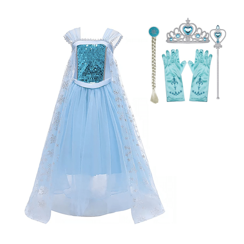Lichtblauwe elsa jurk disney met glinsterende top, tiara, vlecht, handschoenen en bijpassende toverstaf