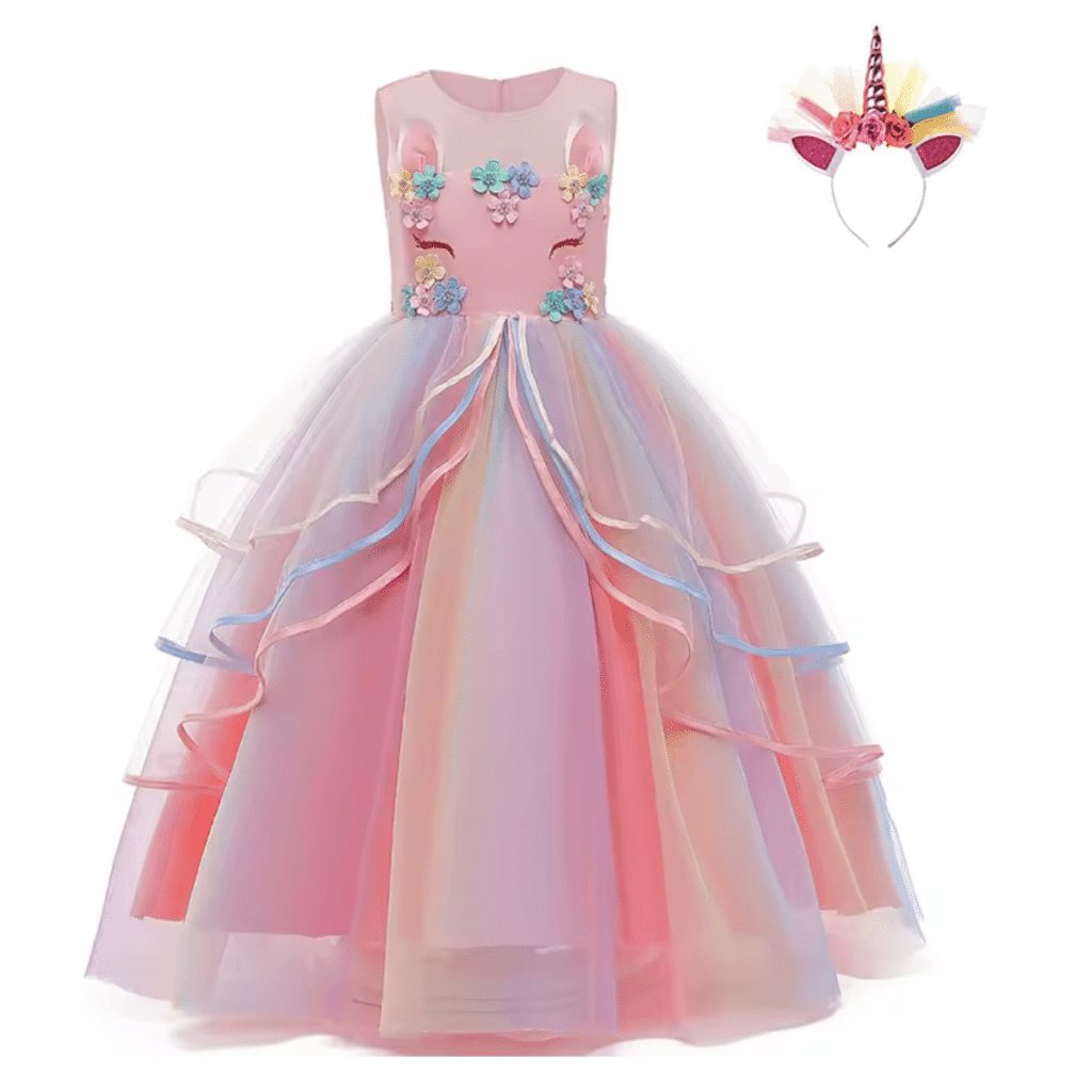 Roze unicorn verkleedjurk met geborduurde bloemen, tule rok en bijpassende eenhoornhaarband