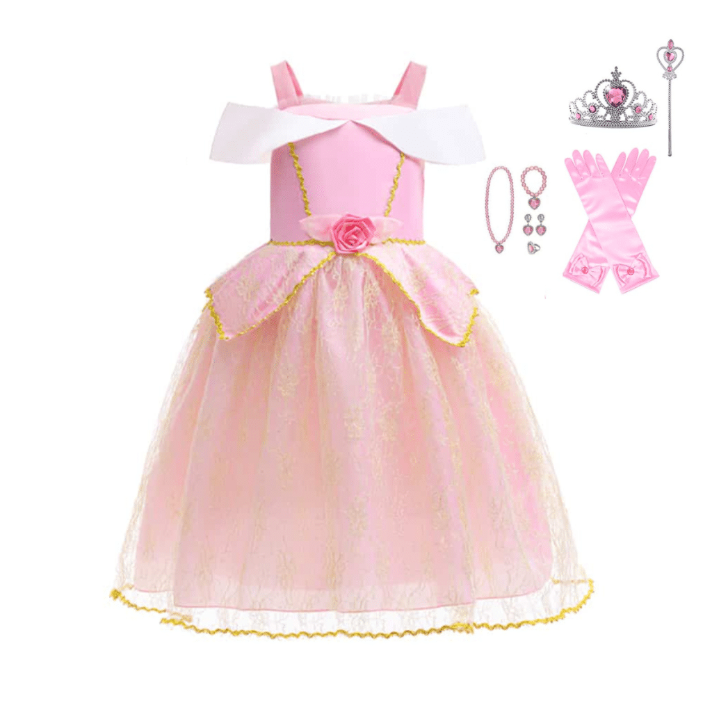 Roze Doornroosje prinsessenjurk met witte schouderstrik, gouden randen, tiara, toverstaf, handschoenen en juwelen