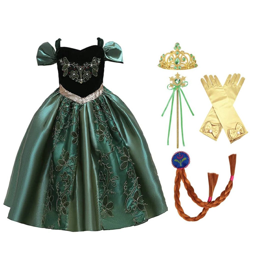 Groene Anna verkleedjurk met geborduurde bloemen, strikmouwen en accessoires zoals een kroon, handschoenen en vlecht