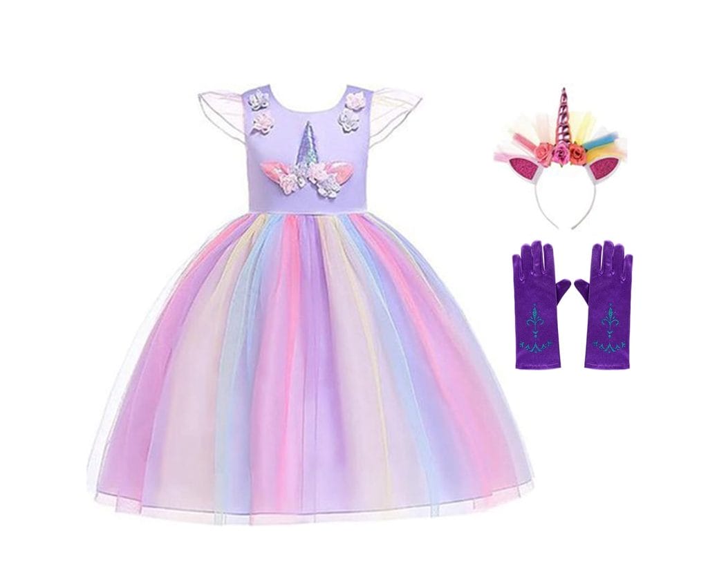 Paarse unicorn jurk met kleurrijke tule rok, bijpassende unicorn haarband en paarse handschoenen