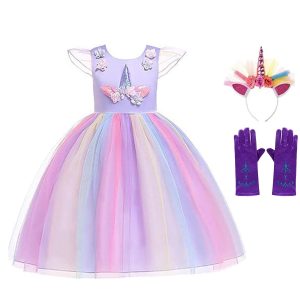 Paarse unicorn jurk met kleurrijke tule rok, bijpassende unicorn haarband en paarse handschoenen