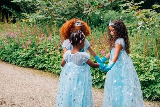 Drie meisjes dragen de blauwe Elsa jurk met glinsterende sterren en doorschijnende mouwen in een groene tuin.